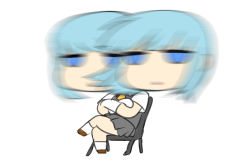 Rule 34 | 1girl, :|, afterimage, aqua hair, big head, blew andwhite, blue eyes, brown footwear, chair, chibi, closed mouth, commentary request, crossed arms, crossed legs, expressionless, flat color, full body, gloves, graphite (medium), grey skirt, half-closed eyes, hatsukaze (kancolle), jitome, kantai collection, looking at viewer, miniskirt, motion blur, no nose, no pupils, pleated skirt, short sleeves, simple background, sitting, sketch, skirt, solo, traditional media, white background, white gloves, white legwear