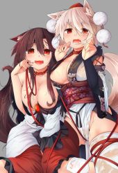 Rule 34 | 2girls, animal ears, bdsm, bondage, bound, breasts, brooch, brown hair, choker, cleavage, collar, floral print, hat, hira (nanika no heya), imaizumi kagerou, inubashiri momiji, jewelry, kourindou tengu costume, large breasts, leash, long hair, looking at viewer, multiple girls, obi, open mouth, pom pom (clothes), red collar, red eyes, sash, see-through, short hair, sweat, tail, tokin hat, touhou, wet, wet clothes, white hair, wolf ears, wolf tail