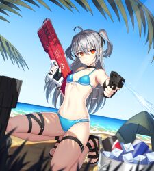 Rule 34 | 1girl, ahoge, aiming, aiming at viewer, bare arms, bare legs, bare shoulders, beach, bikini, black choker, black footwear, black gloves, black ribbon, blue bikini, blue sky, blush, breasts, bucket, can, choker, closers, expressionless, fingerless gloves, full body, gloves, grey hair, gun, hair ribbon, handgun, hands up, highres, holding, holding gun, holding weapon, ice, ice cube, leaf, long hair, looking at viewer, navel, no pupils, ocean, official art, orange eyes, outdoors, outstretched arm, ribbon, sand, sandals, shade, sky, small breasts, solo, splashing, squatting, stomach, swimsuit, tent, thigh strap, tina (closers), tire, two side up, v-shaped eyebrows, water, water gun, weapon