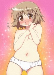 Rule 34 | 1girl, bad id, bad twitter id, blush, breasts, brown eyes, brown hair, commentary, covering privates, covering breasts, cowboy shot, crotch seam, flying sweatdrops, hair ornament, hidamari sketch, highres, looking at viewer, navel, okaasan (okaasandx), open mouth, panties, short hair, small breasts, smile, solo, sparkle, standing, topless, underwear, underwear only, white panties, x hair ornament, yuno (hidamari sketch)