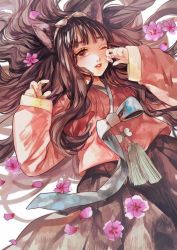 Rule 34 | 1girl, animal ears, black hair, brown eyes, cherry blossoms, dog ears, dog girl, eyebrows hidden by hair, japanese clothes, kimono, long hair, looking up, lying, one eye closed, open mouth, original, petals, ryousuke (tukr5384), smile, solo