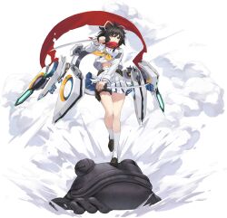 Rule 34 | 1girl, artist request, asuka (senran kagura), azur lane, black footwear, black hair, bra, breasts, crossover, dual wielding, floral background, frog statue, full body, hair ribbon, highres, holding, holding sword, holding weapon, katana, large breasts, long hair, long sleeves, looking at viewer, midriff, navel, neckerchief, official art, pleated skirt, ponytail, red scarf, reverse grip, ribbon, rigging, scarf, school uniform, senran kagura, senran kagura new link, short sword, skirt, socks, standing, standing on one leg, striped bra, striped clothes, sword, thigh strap, tsuba (guard), underboob, underwear, unsheathed, wakizashi, weapon, white ribbon, white skirt, white socks, yellow eyes