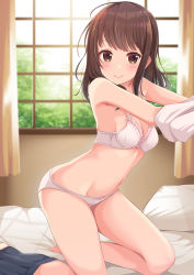 Rule 34 | 1girl, aibumi, arched back, bare shoulders, barefoot, bed, bed sheet, bra, breasts, brown eyes, brown hair, collarbone, day, full body, highres, indoors, leaning forward, lips, looking at viewer, medium breasts, midriff, navel, original, panties, pleated skirt, shirt, skirt, skirt around one leg, unworn skirt, smile, solo, stomach, thighs, underwear, underwear only, undressing, white bra, white panties, white shirt