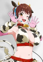 Rule 34 | 1girl, animal ears, animal print, arm warmers, armpits, bell, belt, belt collar, blush, breasts, brown eyes, brown hair, chest belt, cleavage, collar, collarbone, cow ears, cow girl, cow horns, cow print, cow tail, crop top, cropped shirt, dr. gero (staedtler 0508), elbow gloves, fake animal ears, fake horns, fake tail, gloves, gradient background, grey background, hands up, headset, highres, horns, idolmaster, idolmaster cinderella girls, idolmaster cinderella girls starlight stage, large breasts, looking at viewer, midriff, navel, neck bell, oikawa shizuku, one eye closed, open hands, open mouth, pink gloves, print shirt, print skirt, red belt, shirt, short hair, sideboob, skirt, smile, solo, tail, teeth, underbust, upper body, upper teeth only