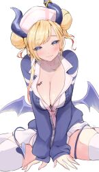 Rule 34 | 1girl, blonde hair, breast tattoo, breasts, cleavage, demon girl, demon horns, demon tail, demon wings, double bun, hair bun, hat, heart, heart tattoo, highres, hololive, horns, imazakey, large breasts, looking at viewer, low wings, necktie, nurse cap, official alternate costume, pointy ears, solo, tail, tattoo, thighhighs, virtual youtuber, white thighhighs, wings, yuzuki choco, yuzuki choco (nurse)