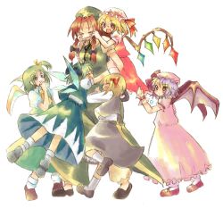 Rule 34 | 6+girls, aged up, ankle socks, bat wings, blonde hair, blue hair, blush, bonnet, bow, braid, carrying, cheek pinching, child, cirno, daiyousei, dress, embodiment of scarlet devil, fang, female focus, flandre scarlet, green eyes, green hair, hair bow, hair ribbon, hand on own face, hat, hong meiling, hug, jumping, long hair, long skirt, looking at another, mary janes, md5 mismatch, mob cap, multiple braids, multiple girls, open mouth, piggyback, pinching, puffy short sleeves, puffy sleeves, purple hair, red eyes, red hair, remilia scarlet, resolution mismatch, ribbon, rumia, shoes, short hair, short sleeves, side ponytail, skirt, socks, touhou, twin braids, white background, wings, yoshida (hamuron)