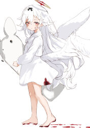 Rule 34 | 1girl, angel, angel wings, barefoot, blood, blood on clothes, blood on feet, blood on ground, dress, full body, halo, highres, long hair, long sleeves, looking at viewer, original, red eyes, shiromiso, stuffed animal, stuffed toy, very long hair, white background, white dress, white hair, white theme, white wings, wings