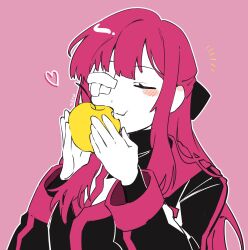 Rule 34 | 1girl, apple, blush, closed eyes, closed mouth, eating, food, fruit, gauze over eye, golden apple, highres, limbus company, long hair, pink background, pink hair, project moon, rnaro maro, sidelocks, simple background, solo, very long hair, yuri (project moon)