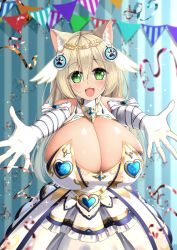 Rule 34 | :d, absurdres, animal ears, bad id, bad pixiv id, bare shoulders, blonde hair, blush, breasts, cat ears, cleavage, confetti, dress, elbow gloves, gloves, green eyes, hair ornament, head wings, highres, huge breasts, incoming hug, kaedeno yuu, long hair, open mouth, original, outstretched arms, pennant, smile, solo, strapless, strapless dress, white gloves, wings