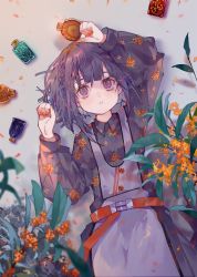 Rule 34 | 1girl, arm up, black dress, black hair, braid, cha goma, collared dress, commentary request, dress, eyebrows hidden by hair, flower, gold osmanthus, highres, holding, long sleeves, looking at viewer, nail polish, orange flower, orange nails, original, parted lips, puffy long sleeves, puffy sleeves, purple eyes, solo