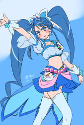 Rule 34 | 10s, 1girl, 2015, adapted costume, alternate costume, alternate hairstyle, arm up, armlet, belt, blue background, blue eyes, blue hair, blue shirt, blue skirt, blue theme, blue thighhighs, blush, collarbone, color connection, cosplay, crossover, cure aqua, cure berry, cure marine, cure mermaid, cure princess, dated, earrings, embarrassed, fresh precure!, gem, go! princess precure, heartcatch precure!, highres, isedaichi ken, jewelry, long hair, matching hair/eyes, midriff, minazuki karen, navel, pearl (gemstone), precure, puffy short sleeves, puffy sleeves, shirt, short sleeves, simple background, sketch, skirt, solo, standing, thighhighs, thighs, twintails, wrist cuffs, yes! precure 5, yes! precure 5 gogo!