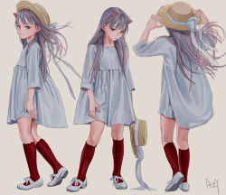 Rule 34 | 1girl, animal ears, arms up, artist name, blue dress, cat ears, dress, feiqizi (fkey), fkey, from behind, full body, grey background, grey footwear, grey ribbon, hat, unworn hat, hat ribbon, unworn headwear, holding, holding clothes, holding hat, kneehighs, long hair, long sleeves, looking at viewer, mary janes, multiple views, original, red eyes, red socks, ribbon, shoes, signature, silver hair, simple background, socks, standing, sun hat, thighs