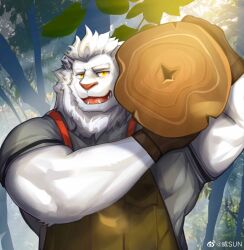 Rule 34 | 1boy, absurdres, apron, bara, beard, brown apron, carrying over shoulder, carrying tree, facial hair, full beard, furry, highres, large pectorals, looking at viewer, male focus, muscular, muscular male, original, pectorals, smile, solo, thick beard, thick eyebrows, upper body, weisun (leoooliooon), white fur, woodcutter