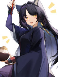 Rule 34 | 1girl, absurdres, animal ears, arknights, asymmetrical gloves, bad id, bad pixiv id, black hair, bowl, chopsticks, commentary, dog ears, facial mark, fangs, fingerless gloves, food, forehead mark, from side, gloves, hair intakes, highres, holding, holding bowl, holding chopsticks, infection monitor (arknights), japanese clothes, long hair, looking at viewer, mismatched gloves, nattou, notice lines, open mouth, purple gloves, purple shirt, red gloves, rice bowl, saga (arknights), shirt, simple background, solo, tab head, very long hair, white background
