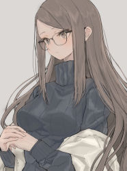 Rule 34 | 1girl, black-framed eyewear, black sweater, blush, breasts, brown eyes, brown hair, closed mouth, expressionless, glasses, grey background, hands up, highres, hinomaru (futagun), large breasts, long hair, long sleeves, original, simple background, solo, sweater, turtleneck, turtleneck sweater