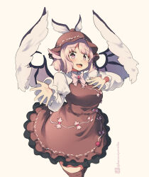 Rule 34 | 1girl, :d, animal ears, bird ears, bow, breasts, brown background, brown dress, brown headwear, brown thighhighs, dress, ear piercing, feathered wings, frilled dress, frills, hands up, kuromiya, long sleeves, looking at viewer, medium breasts, mystia lorelei, one-hour drawing challenge, open mouth, piercing, pink bow, pink eyes, pink hair, puffy long sleeves, puffy sleeves, shirt, simple background, sleeves past wrists, smile, solo, thighhighs, touhou, twitter username, white shirt, white wings, winged hat, wings