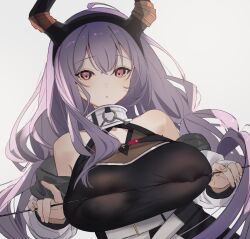 Rule 34 | 1girl, arknights, black hairband, black horns, black shirt, blush, bow (weapon), breasts, chest strap, covered erect nipples, double-parted bangs, fake horns, grey background, hairband, highres, holding, holding bow (weapon), holding weapon, horn hairband, horns, jacket, large breasts, long hair, looking at viewer, o-ring, off shoulder, okometu b, open clothes, open jacket, parted lips, purple eyes, purple hair, shirt, simple background, sleeveless, sleeveless shirt, solo, typhon (arknights), upper body, weapon, white jacket