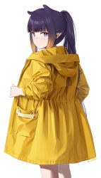 Rule 34 | 1girl, blunt bangs, from behind, gradient hair, highres, hololive, hololive english, looking at viewer, looking back, multicolored hair, ninomae ina&#039;nis, orange hair, ponytail, purple eyes, purple hair, raincoat, seistfu, simple background, solo, standing, tentacle hair, tentacles, violet (ninomae ina&#039;nis), virtual youtuber, white background, yellow raincoat