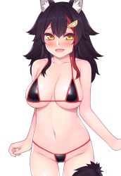 Rule 34 | 1girl, absurdres, animal ears, bare arms, bare legs, bare shoulders, bikini, black bikini, black hair, blush, breasts, cleavage, collarbone, commentary, cowboy shot, gluteal fold, hair between eyes, highres, hololive, ishiusu, large breasts, looking at viewer, micro bikini, multicolored hair, navel, ookami mio, open mouth, red hair, sidelocks, simple background, smile, solo, standing, stomach, streaked hair, string bikini, swimsuit, tail, tail wrap, thigh gap, virtual youtuber, white background, wolf ears, wolf girl, wolf tail, yellow eyes