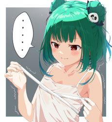 Rule 34 | ..., 1girl, absurdres, angry, bare shoulders, blush, breast conscious, bust measuring, camisole, collarbone, double bun, frown, green hair, hair bun, hair ornament, highres, hololive, kounaien (comic1217), measuring, red eyes, short hair, skull hair ornament, solo, spaghetti strap, speech bubble, spoken ellipsis, tape measure, tearing up, upper body, uruha rushia, virtual youtuber, white camisole