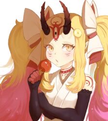 Rule 34 | 1girl, alternate hairstyle, black sleeves, blonde hair, bow, candy apple, collarbone, eyelashes, facial mark, fate/grand order, fate (series), fingernails, food, forehead mark, gradient hair, holding, holding food, horns, ibaraki douji (fate), multicolored hair, oni, oni horns, open mouth, pointy ears, qisaiman, sharp fingernails, shoulder tattoo, solo, tattoo, twintails, white background, white bow, yellow eyes