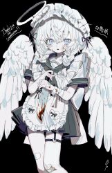 Rule 34 | 1girl, angel wings, apron, bandaged arm, bandages, black background, black bow, black skirt, blood, bloody weapon, blue eyes, bow, braid, commission, en gmw, gauze, grey neckerchief, grey sailor collar, hair bow, hakushima, halo, highres, holding, holding knife, knife, low twin braids, maid apron, maid headdress, neckerchief, original, parted lips, sailor collar, school uniform, serafuku, skeb commission, skirt, solo, tears, thigh strap, twin braids, weapon, white hair, white wings, wings