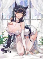 Rule 34 | 1girl, all fours, alracoco, animal ears, atago (azur lane), atago (lily-white vow) (azur lane), atago (lily-white vow) (azur lane), azur lane, black hair, blush, breasts, bridal gauntlets, brown eyes, curtains, dress, garter straps, glint, gloves, hair ribbon, hand on own chest, large breasts, long hair, looking at viewer, mole, mole under eye, no shoes, parted lips, ribbon, smile, solo, sparkle, thighhighs, wedding dress, white dress, white gloves, white ribbon, white thighhighs, window, yellow eyes