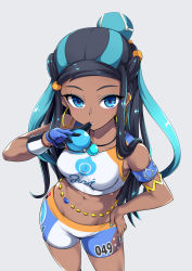 Rule 34 | 1girl, arm up, armlet, bare shoulders, bike shorts, blue eyes, blue gloves, blue hair, breasts, clothes writing, commentary request, creatures (company), crop top, dark-skinned female, dark skin, earrings, finger to mouth, forehead, from above, game freak, gloves, grey background, gym leader, hair bun, hair ornament, hairclip, hand on own hip, highres, hoop earrings, jewelry, kasai shin, looking at viewer, looking up, multicolored hair, navel, necklace, nessa (pokemon), nintendo, partially fingerless gloves, pokemon, pokemon swsh, simple background, single hair bun, small breasts, solo, stomach, sweatband, two-tone hair