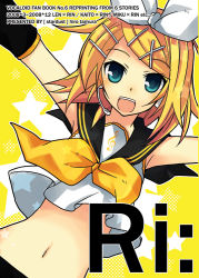 Rule 34 | 1girl, bad id, bad pixiv id, blonde hair, blue eyes, hair ornament, hairclip, headset, kagamine rin, midriff, navel, open mouth, outstretched arms, short hair, smile, solo, spread arms, tamura hiro, treble clef, vocaloid