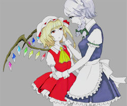 Rule 34 | 2girls, apron, ascot, bad id, bad pixiv id, eye contact, female focus, flandre scarlet, grey background, hand on another&#039;s cheek, hand on another&#039;s face, holding hands, izayoi sakuya, looking at another, maid, maid apron, multiple girls, short hair, short sleeves, simple background, surprised, ta (tama2623), touhou