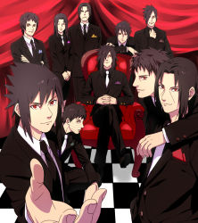 Rule 34 | 1girl, 6+boys, alternate costume, black hair, black suit, brothers, checkered floor, family, father and son, formal, highres, husband and wife, kneeling, long hair, looking at viewer, mannmaruu, mother and son, multiple boys, naruto (series), naruto shippuuden, on chair, red eyes, scar, scar on face, serious, sharingan, short hair, siblings, sitting, smile, squatting, suit, uchiha fugaku, uchiha itachi, uchiha izuna, uchiha kagami, uchiha madara, uchiha mikoto, uchiha obito, uchiha sasuke, uchiha shisui, uchiha tajima
