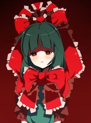 Rule 34 | 1girl, bad id, bad pixiv id, blunt bangs, bow, dress, expressionless, female focus, frills, front ponytail, green hair, hair bow, kagiyama hina, looking at viewer, puffy short sleeves, puffy sleeves, red bow, red dress, ren (zero second), ribbon, shaded face, shawl, short sleeves, solo, touhou