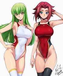 2girls absurdres arm_at_side arm_behind_head arm_up armpits artist_name ass bare_arms bare_shoulders black_thighhighs blue_eyes blush breasts c.c. closed_mouth code_geass competition_swimsuit covered_navel cowboy_shot dated flipped_hair gluteal_fold green_hair groin hair_intakes hand_on_own_hip highleg highleg_one-piece_swimsuit highres kouzuki_kallen large_breasts long_hair looking_at_viewer multiple_girls one-piece_swimsuit red_hair red_one-piece_swimsuit revision short_hair sidelocks signature simple_background smile standing swimsuit thigh_gap thighhighs white_background white_one-piece_swimsuit white_thighhighs yellow_eyes yoo_tenchi