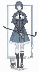 Rule 34 | 1girl, absurdres, blue theme, breasts, commentary, crowbar, dress, fingerless gloves, flower, full body, gloves, gun, handgun, highres, holding, holding crowbar, holding gun, holding weapon, iuui, joints, kneehighs, lantern, layered sleeves, long sleeves, looking at viewer, luger p08, necktie, original, parted lips, robot joints, short hair, short necktie, simple background, small breasts, socks, solo, standing, symbol-only commentary, toeless legwear, trigger discipline, weapon