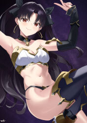 Rule 34 | 1girl, absurdres, arms up, ass, bikini, black hair, black thighhighs, breasts, closed mouth, collarbone, curvy, detached collar, earrings, fate/grand order, fate (series), gold, gold earrings, gold trim, highres, hoop earrings, huge ass, ishtar (fate), jewelry, kurozawa yui, long hair, looking at viewer, medium breasts, navel, red eyes, revealing clothes, shiny skin, sky, smile, solo, star (sky), starry sky, stomach, swimsuit, thighhighs, thighs, thong, v, very long hair, wide hips