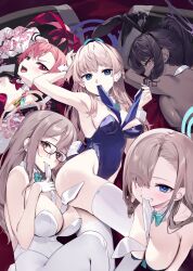 5girls akane_(blue_archive) akane_(bunny)_(blue_archive) animal_ears arm_up armpits asuna_(blue_archive) asuna_(bunny)_(blue_archive) bare_shoulders black-framed_eyewear black_hair blonde_hair blue_archive blue_eyes blue_halo blue_leotard breasts brown_eyes brown_hair cleaning_&amp;_clearing_(blue_archive) cleavage commentary_request dark-skinned_female dark_skin fake_animal_ears from_behind hair_over_one_eye halo highleg highleg_leotard highres karin_(blue_archive) karin_(bunny)_(blue_archive) large_breasts leotard long_hair looking_at_viewer looking_back mole mole_on_breast mouth_hold multiple_girls multiple_views neru_(blue_archive) neru_(bunny)_(blue_archive) official_alternate_costume open_mouth pink_hair playboy_bunny purple_halo rabbit_ears red_eyes red_halo red_leotard thighhighs toki_(blue_archive) toki_(bunny)_(blue_archive) white_leotard white_thighhighs white_wrist_cuffs wrist_cuffs yaguo yellow_eyes