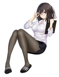 Rule 34 | 1girl, adjusting eyewear, black-framed eyewear, black footwear, black hair, black pantyhose, black skirt, blunt bangs, blush, breasts, chaciooh, clipboard, collared shirt, commentary, commission, english commentary, flip-flops, full body, glasses, highres, holding, invisible chair, knees up, long sleeves, medium breasts, miniskirt, office lady, original, pantyhose, pen, pencil skirt, purple eyes, sandals, shirt, short hair, side slit, simple background, sitting, skirt, solo, white background, wing collar