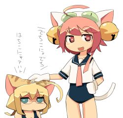 Rule 34 | 2girls, ahoge, alternate costume, animal hat, black sailor collar, blonde hair, blue eyes, blush, borrowed clothes, cat hat, cat tail, commentary, cosplay, cowboy shot, dejiko, dejiko (cosplay), di gi charat, glasses, hand on another&#039;s head, hat, height difference, i-58 (kancolle), i-8 (kancolle), jitome, kantai collection, long hair, looking at viewer, mittens, multiple girls, necktie, open mouth, pink eyes, pink hair, pink necktie, puchiko, puchiko (cosplay), pun, sailor collar, school swimsuit, shirt, short hair with long locks, simple background, smile, standing, swimsuit, tail, translated, ugif, white background, white mittens, white shirt