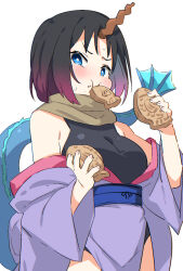 Rule 34 | 1girl, black hair, black leotard, blue eyes, blush, bonbas24, breasts, bright pupils, cowboy shot, eating, elma (maidragon), food, food in mouth, food on face, frown, gradient hair, holding, holding food, horns, japanese clothes, kimono, kobayashi-san chi no maidragon, large breasts, leotard, looking at viewer, multicolored hair, open clothes, open kimono, purple hair, purple kimono, simple background, single horn, solo, standing, streaked hair, wagashi, white background, white pupils