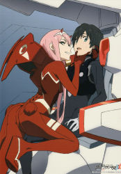 Rule 34 | 10s, 1boy, 1girl, bad id, bad yandere id, black bodysuit, black hair, blue eyes, bodysuit, breasts, copyright name, couple, darling in the franxx, gloves, green eyes, hair ornament, hairband, hand on another&#039;s chin, hand on another&#039;s neck, hand on own leg, hetero, highres, hiro (darling in the franxx), horns, leg up, long hair, looking at viewer, medium breasts, official art, oni horns, pilot suit, pink hair, red bodysuit, red gloves, red horns, short hair, sitting, sweatdrop, tanaka masayoshi, wedge heels, white gloves, white hairband, zero two (darling in the franxx)