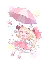 Rule 34 | 1girl, back bow, blonde hair, bobby socks, bow, flandre scarlet, frilled skirt, frills, full body, hair between eyes, hat, highres, kokochi, long hair, looking at object, mary janes, mob cap, multicolored umbrella, multicolored wings, one side up, open mouth, puffy short sleeves, puffy sleeves, red footwear, red skirt, red umbrella, red vest, shirt, shoes, short sleeves, simple background, skirt, skirt set, socks, solo, teeth, teruterubouzu, touhou, umbrella, upper teeth only, vest, white background, white bow, white hat, white shirt, white socks, white umbrella, wings
