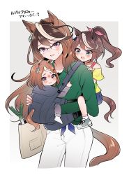 Rule 34 | 3girls, absurdres, aged down, alternate costume, animal ears, backpack, bag, blue eyes, blue shorts, blush, bow, brown hair, casual, child, earrings, glasses, green sweater, hair bow, highres, horse ears, horse girl, horse tail, jewelry, long hair, long sleeves, multicolored hair, multiple girls, narusawa (njzc2582), off-shoulder shirt, off shoulder, pants, ponytail, purple eyes, red eyes, shirt, shoes, short hair, short sleeves, shorts, single earring, sneakers, socks, spaghetti strap, spring onion, sweater, symboli rudolf (umamusume), t-shirt, tail, tearing up, tokai teio (umamusume), tsurumaru tsuyoshi (umamusume), two-tone hair, umamusume, white hair, white pants, white socks, yellow shirt