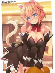 Rule 34 | 1girl, alternate hairstyle, angel mort, animal ears, bare shoulders, black leotard, black sleeves, blue eyes, blush, bow, breasts, cat ears, cat girl, cat tail, chair, character name, chuutaro metal, cleavage, closed mouth, collarbone, commentary request, detached collar, detached sleeves, dot nose, fingernails, hair between eyes, highres, higurashi no naku koro ni, indoors, lace trim, leotard, long bangs, looking at viewer, medium breasts, orange hair, raised eyebrows, ryuuguu rena, short hair, showgirl skirt, sidelocks, smile, solo, sparkle, strapless, strapless leotard, tail, waitress