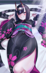 Rule 34 | 1girl, black kimono, bob cut, breasts, eyeliner, fate/grand order, fate (series), floral print, grin, headpiece, highres, horn ornament, horn ring, horns, japanese clothes, kimono, light rays, long sleeves, looking at viewer, lostroom outfit (fate), lying, makeup, nagatani (nagata2), obi, on back, oni, purple eyes, purple hair, sash, short hair, shuten douji (fate), shuten douji (lostroom outfit) (fate), skin-covered horns, small breasts, smile, solo, thighs, wide sleeves