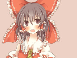 1girl ascot bad_id bad_pixiv_id blush bow brown_eyes brown_hair detached_sleeves dress female_focus hair_bow hair_tubes hakurei_reimu highres japanese_clothes miko open_mouth pasutel red_dress simple_background solo touhou