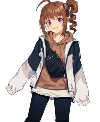 Rule 34 | 1girl, ahoge, blue jacket, blue pants, blunt bangs, blush, brown hoodie, brown scrunchie, closed mouth, commentary request, cowboy shot, drawstring, drill hair, fanny pack, hair ornament, hair scrunchie, hood, hood down, hoodie, idolmaster, idolmaster million live!, jacket, kamille (vcx68), long sleeves, looking at viewer, multicolored clothes, multicolored jacket, open clothes, open jacket, pants, purple eyes, scrunchie, shirt, short hair, side ponytail, sidelocks, simple background, sleeves past fingers, sleeves past wrists, smile, solo, standing, two-tone jacket, white background, white jacket, white shirt, yokoyama nao