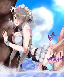 Rule 34 | 1boy, 1girl, ass grab, bent over, black ribbon, blue sky, blush, breasts, chapa kari, cleavage, clothed female nude male, cloud, day, doggystyle, dress, frilled dress, frills, hair over one eye, head out of frame, hetero, highres, honkai (series), honkai impact 3rd, large breasts, maid headdress, nude, outdoors, red eyes, ribbon, rita rossweisse, rita rossweisse (phantom iron), rita rossweisse (umbral rose), sex, sex from behind, short hair, sky, smile, solo focus, wading