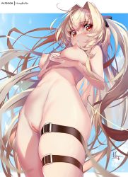 Rule 34 | 1girl, artist name, blonde hair, blue sky, blush, breasts, bridal garter, cleft of venus, cloud, completely nude, day, from below, hong (white spider), konjiki no yami, long hair, looking at viewer, medium breasts, navel, nipples, nude, nude filter, parted lips, patreon username, pussy, red eyes, sky, solo, thighs, third-party edit, to love-ru, uncensored, very long hair