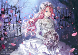 Rule 34 | &gt;:), 1boy, bare tree, blue eyes, bouquet, bridal veil, bride, bush, character name, copyright notice, cowboy shot, crossdressing, dress, facial mark, falling petals, fence, flower, graveyard, hair flower, hair ornament, hanayura kanon, holding, holding bouquet, indie virtual youtuber, jewelry, juliet sleeves, layered dress, long hair, long sleeves, looking at viewer, male bride, male focus, matsurika youko, necklace, official art, parted bangs, pearl necklace, pendant, petals, pink flower, pink hair, pink rose, plant, puffy sleeves, purple flower, purple lips, purple rose, rose, solo, spider web print, tombstone, torn clothes, torn dress, torn veil, trap, tree, v-shaped eyebrows, veil, vines, virtual youtuber, wavy hair, wedding dress, white dress, white flower, white rose