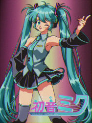 Rule 34 | 1980s (style), 1girl, ;d, anime coloring, bare shoulders, blue eyes, blue hair, blue nails, blush, breasts, character name, commentary, detached sleeves, eyelashes, film grain, fingernails, gradient background, grey shirt, hand on own hip, hand up, hatsune miku, long hair, looking at viewer, nail polish, necktie, oldschool, one eye closed, open mouth, retro artstyle, sabamiso (tomatomikan), shirt, simple background, skirt, sleeveless, sleeveless shirt, smile, solo, solo focus, spread legs, standing, thighhighs, twintails, upper body, vocaloid